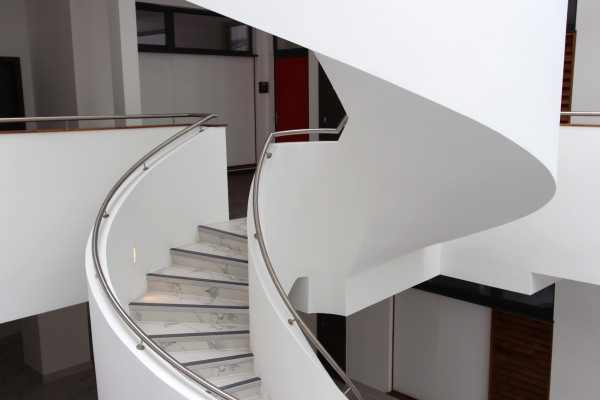 Close up of finished helical precast concrete staircase installation at the Denham Film Studios