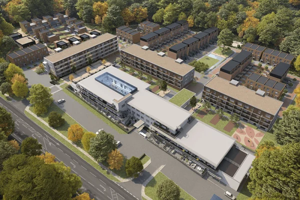 rendering of aerial view of new proposed housing development on site of historical Denham Film Studios