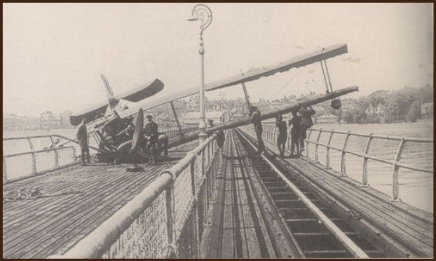 Historical image of plane crashing into Felixstowe Pier