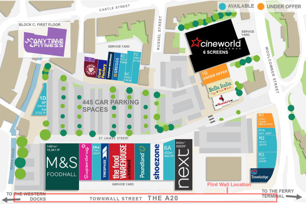 Map of Dover Townwall Street showing the location of a flint embossed precast concrete retaining wall installation