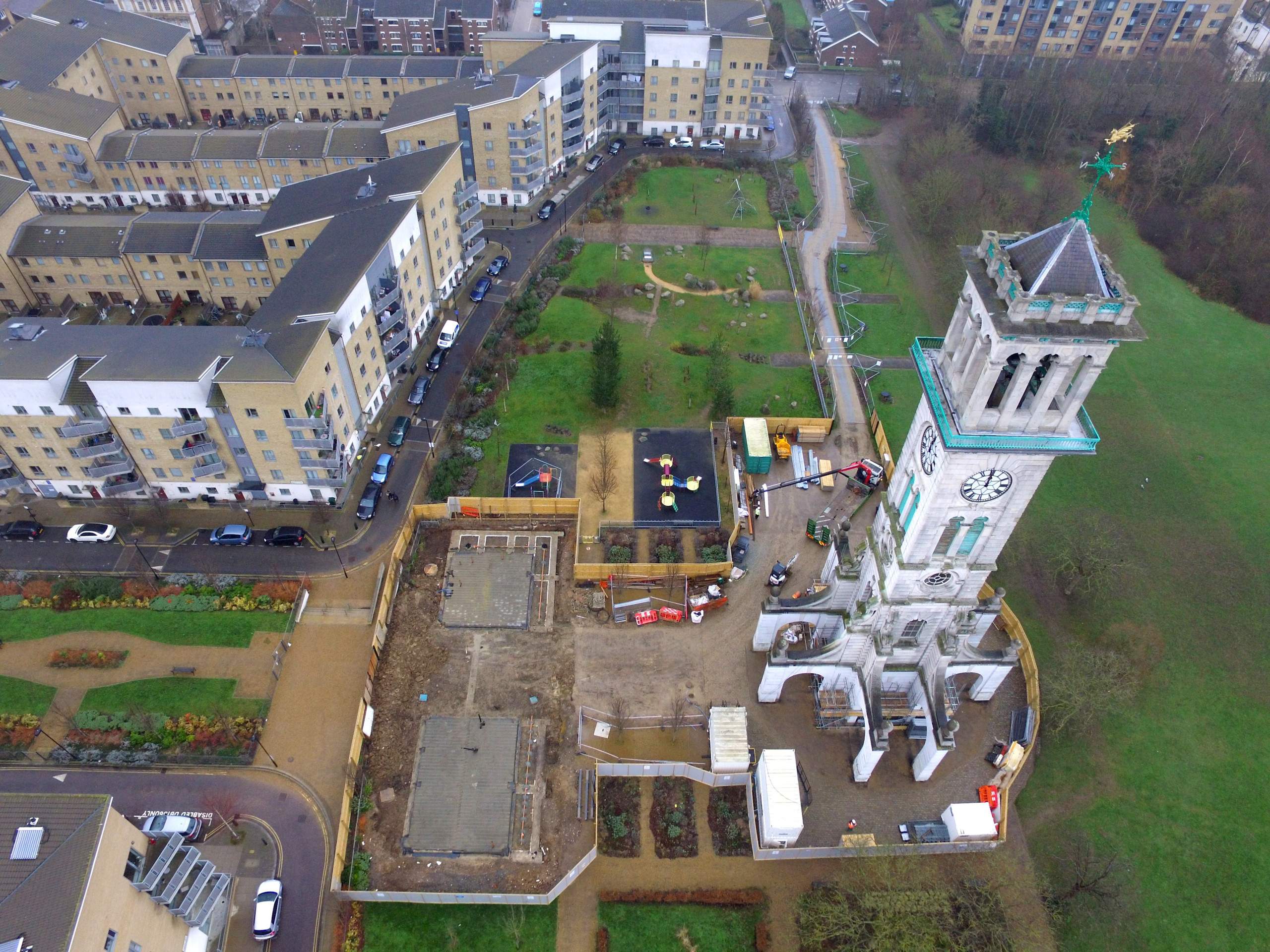 Aerial view of Caledonian clock tower in London with beam and block floor
