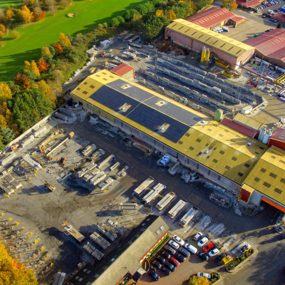Aerial view of Milbank offices and factory located in Earls Colne with view of roof solar panels
