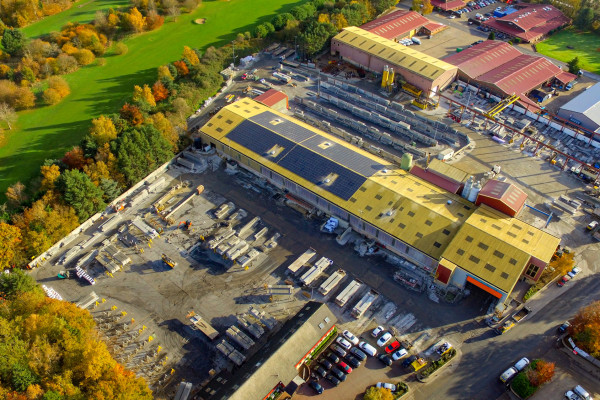 Aerial view of Milbank offices and factory located in Earls Colne with view of roof solar panels