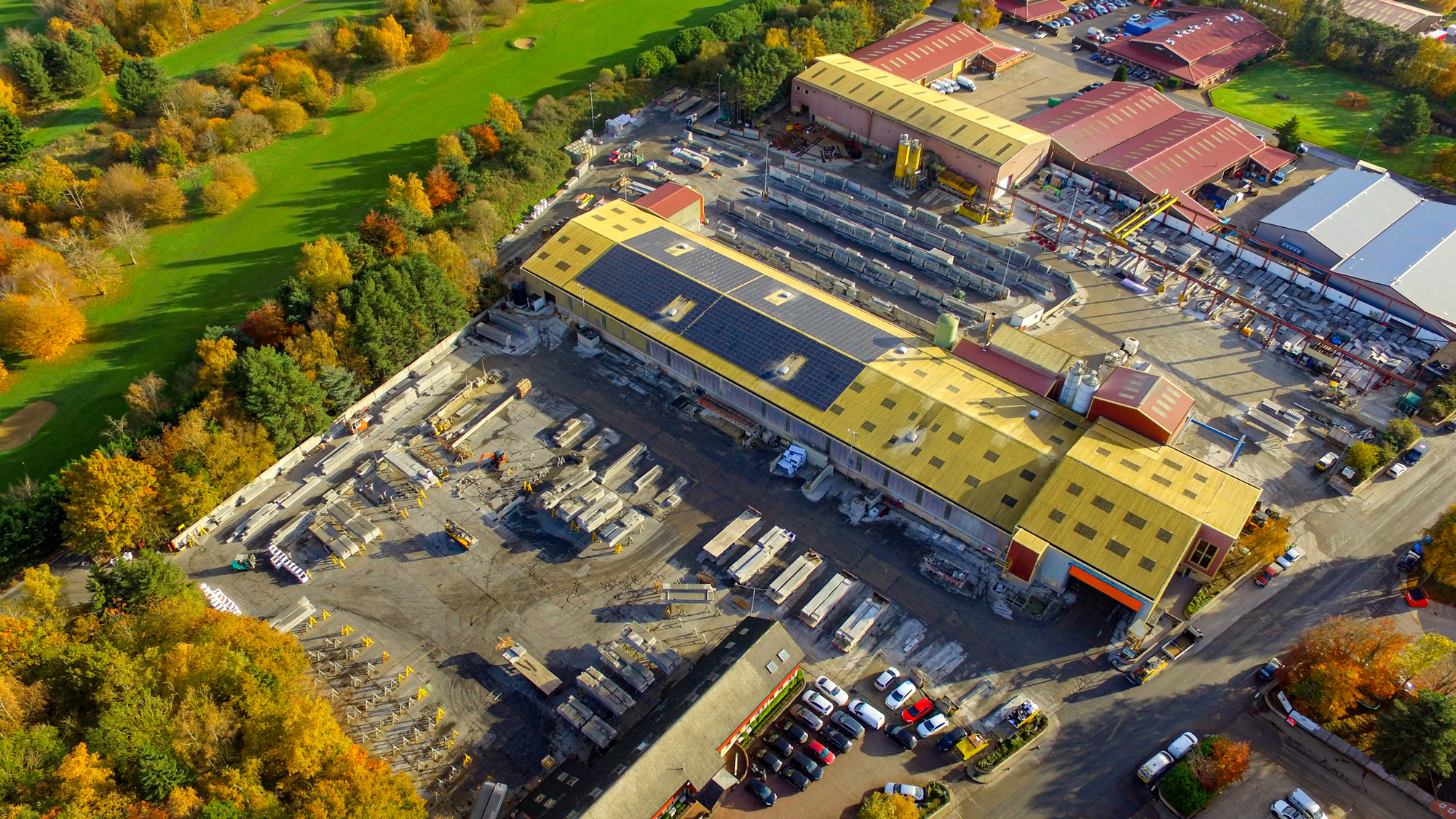 Aerial view of Milbank offices and factory located in Earls Colne with view of roof solar panels