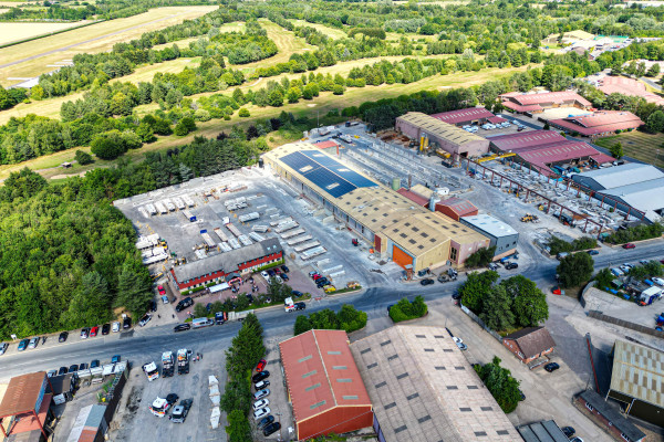 Aerial view of Milbank offices, factory and storage yards located in Earls Colne