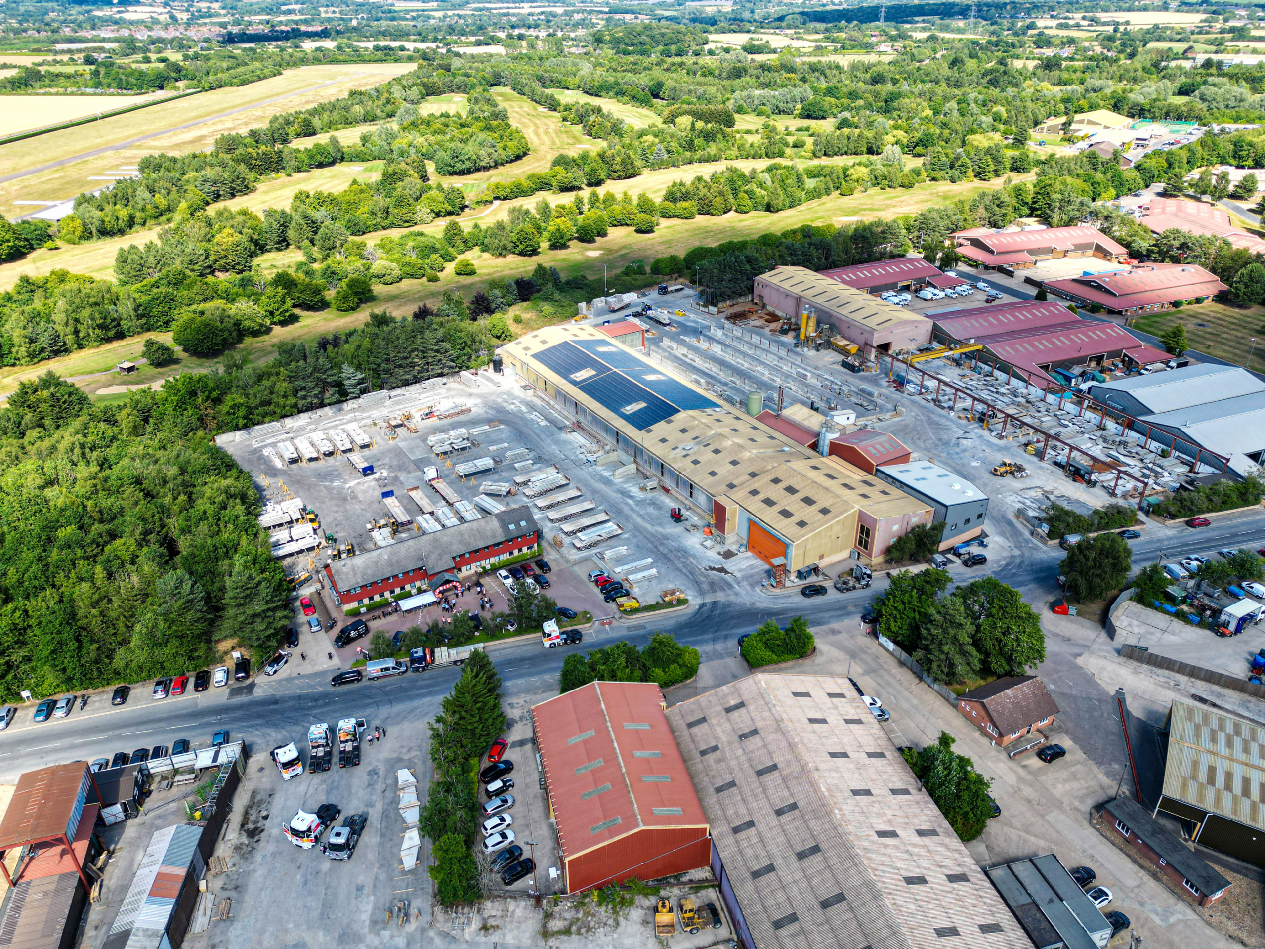 Aerial view of Milbank offices, factory and storage yards located in Earls Colne